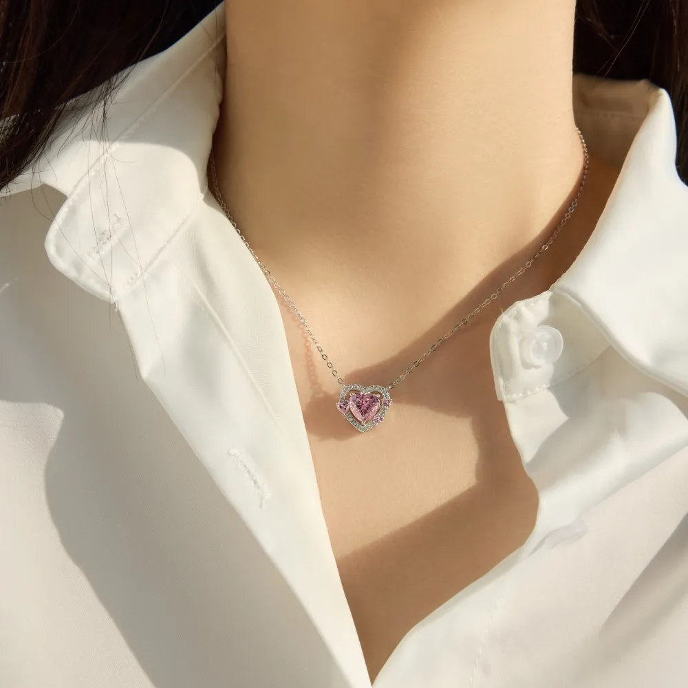 KAKODIY exquisite fine jewelry rhodium-plated 925 sterling silver chain necklace 5A cubic zirconia pink heart-shaped love pendant necklace detail 2