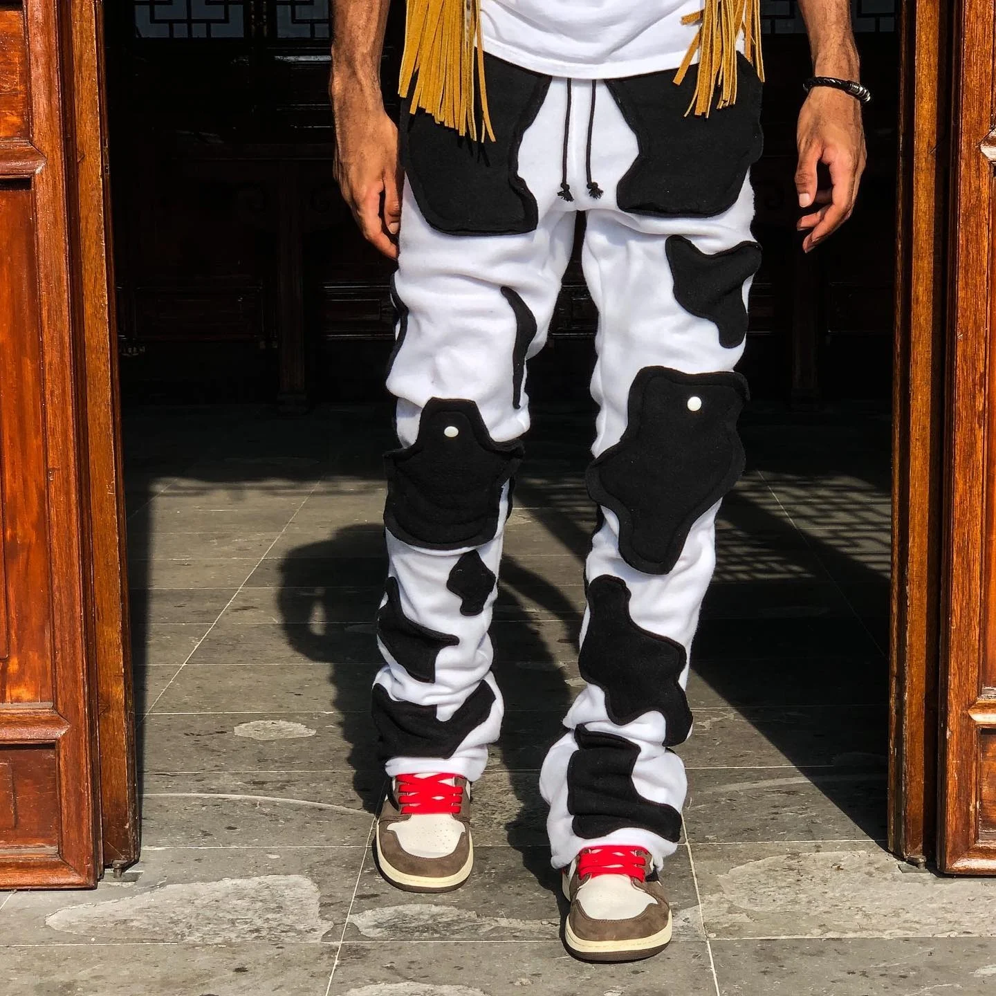 Custom Stacked Sweatpants Cow Print Patchwork Cotton French Terry Embroidery Winter Jogger Stacked Sweat Pants Men gallery 3