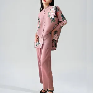 Miyake 2024 Summer Casual Floral Printed Two-Piece Set Quick Delivery Long Top With Pleats and Shorts Pants