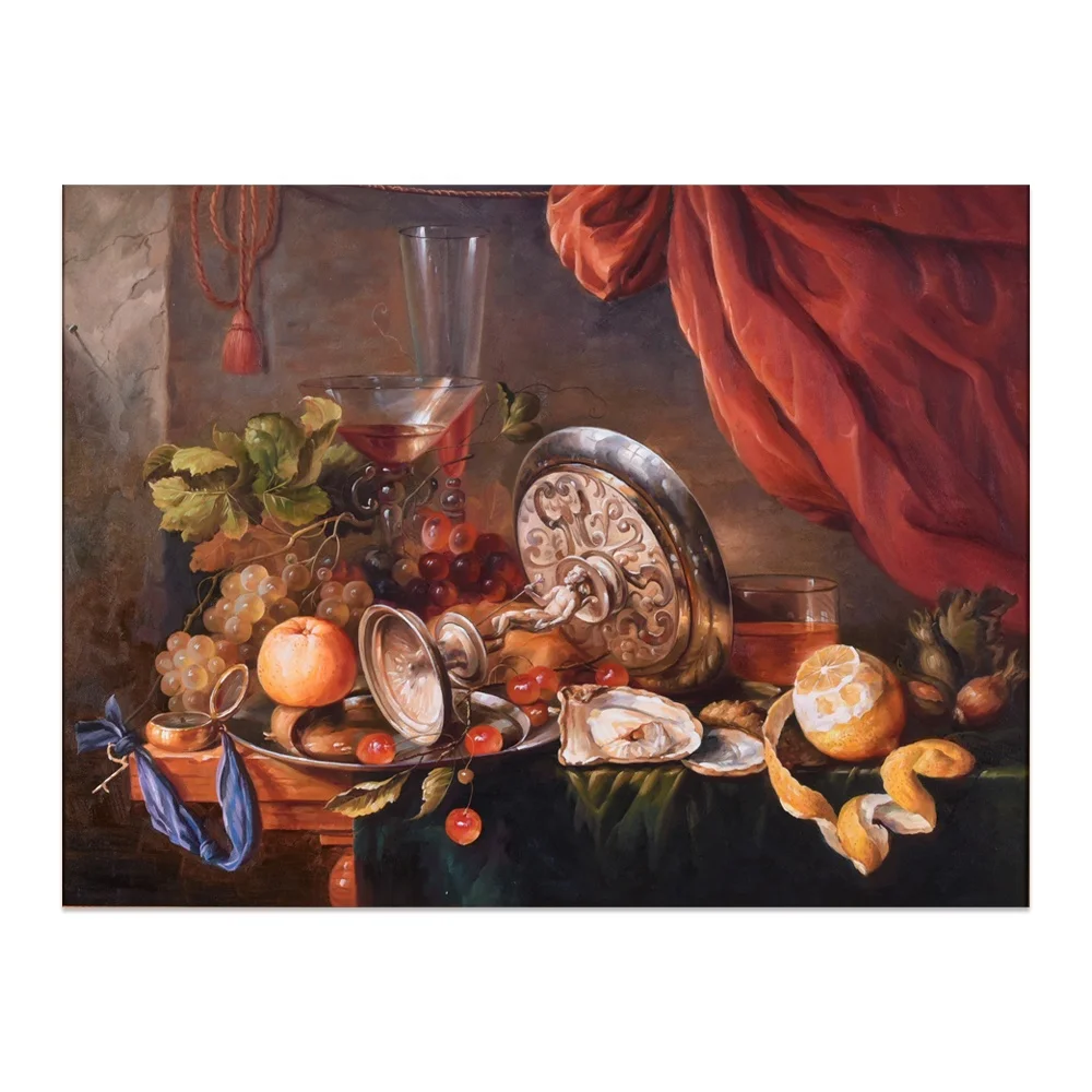 Custom Famous Arwork Classical Still Life Table Fruits Wine Bottle Oil Painting
