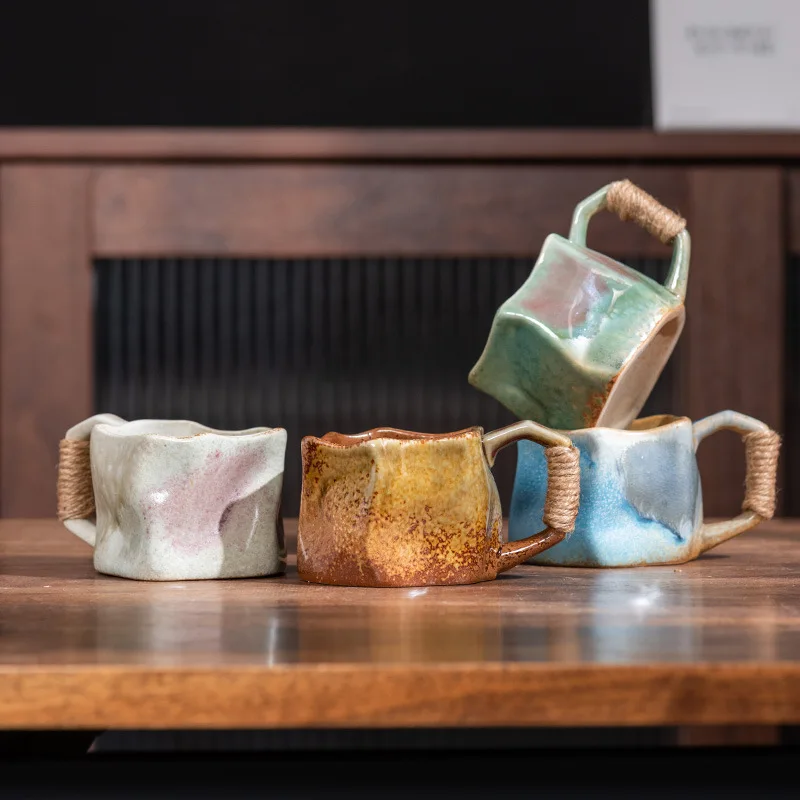 Retro Ceramic Coffee Mug Handmade Irregular Design Unique Coarse Texture Cup for Home Office Party Gift Occasions