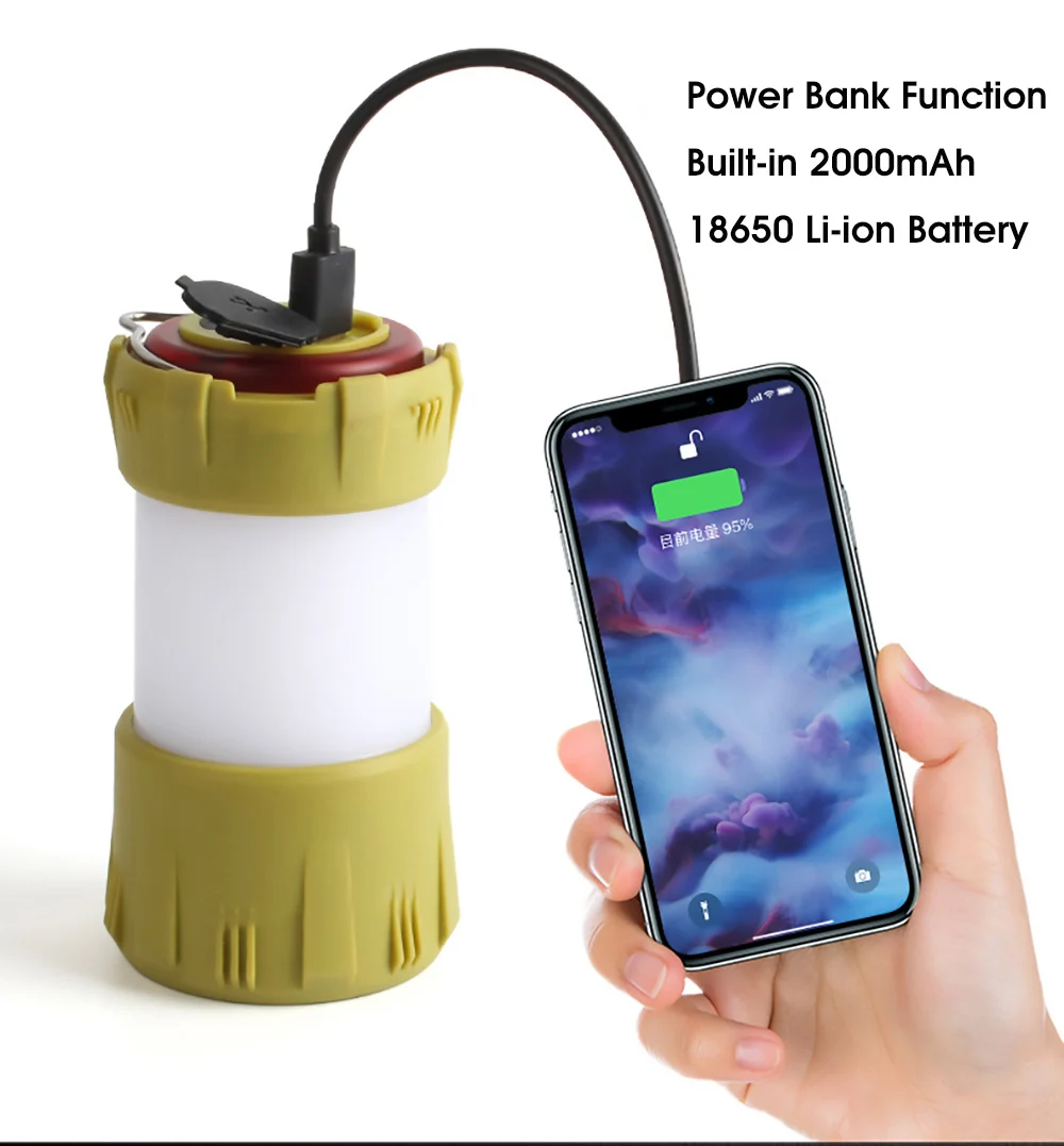 outdoor waterproof shockproof mini portable usb rechargeable led camping lantern light with spotlight and power bank factory