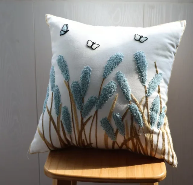 Beautiful Design Botanical Embroidery Pillow Cover  Reed Grass Flower Pillow Cover