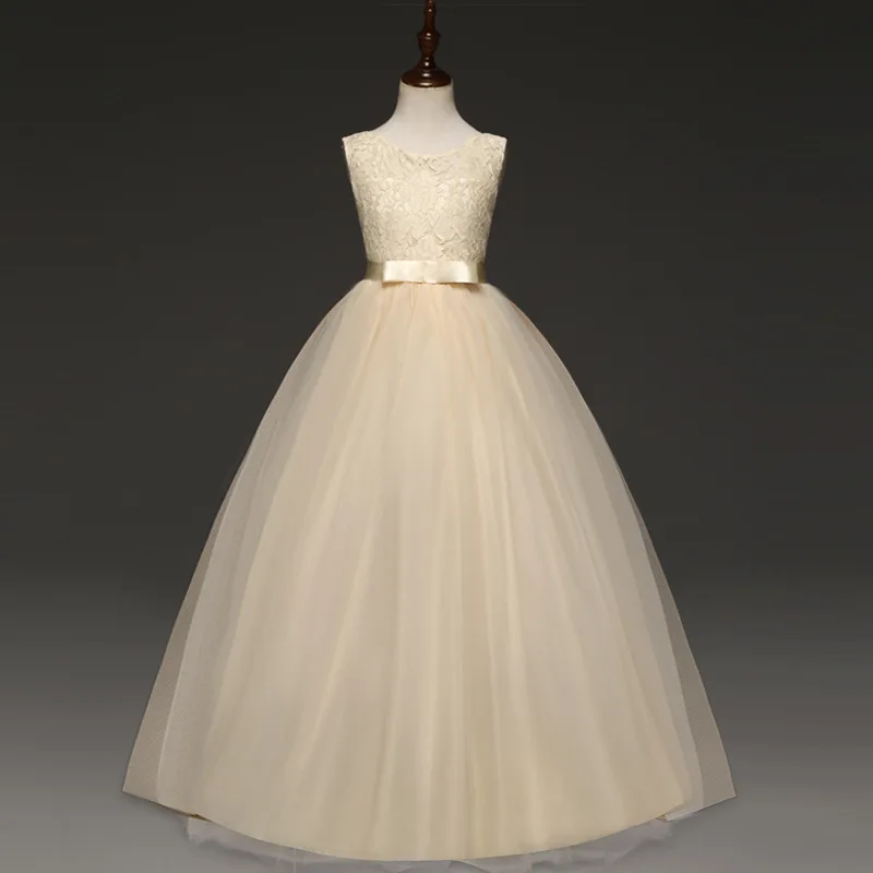 Праздничные кружевные платья для девочек, свадебное платье принцессы без рукавов с большим бантом и цветами для маленьких девочек