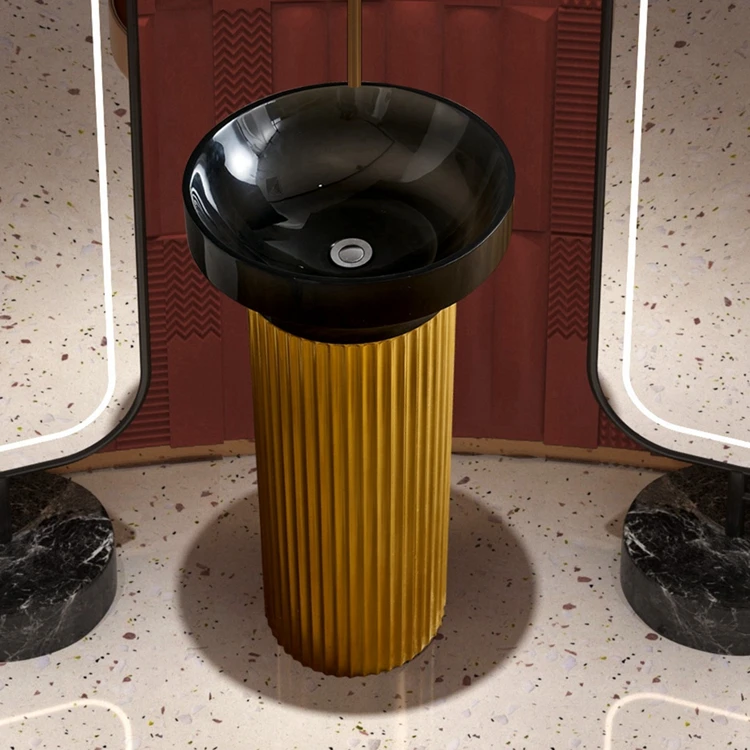 Italy Design Round Luxury Gold and Black Resin Pedestal Wash Basin Crystal Bathroom Sink Freestanding Transparent Art Basin Sink