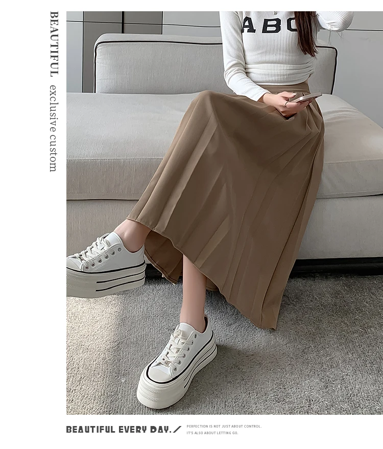 2023 frühjahr und Sommer Neue Stil mit Hemd Kaffee Farbe Plissee Halb S frauen Hohe Taille ein Wort in die Lange Half214_voghion.com