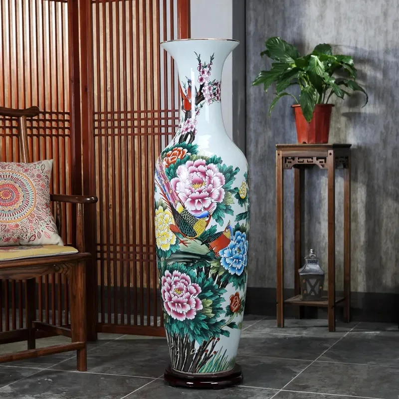 大型中国手描き花鳥模様の陶器フロアベース 1m 高