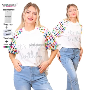 Tee Shirt Manufacturer Lady Bright Silk Embroidery Sequin Raglan Streetwear Tees Custom Short Sleeve Glitter t Shirts Women