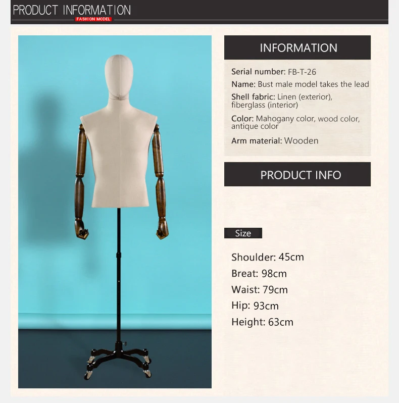 Стекловолокно Европейский половины тела мужской дисплей пошив манекен с головой и руки