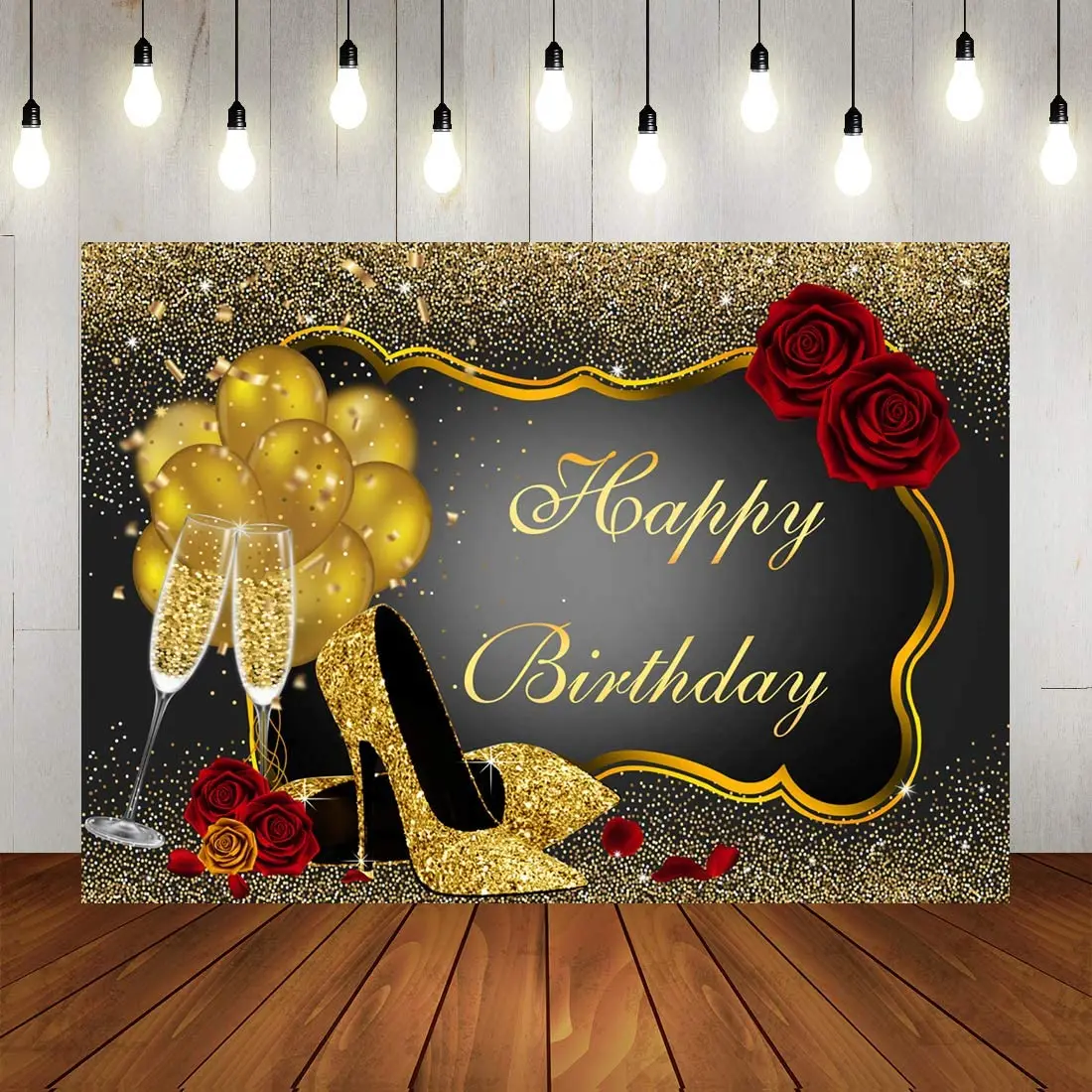 New Glitter Gold Happy Birthday Backdrop Red Rose Floral Golden Balloons  Heels Champagne Glass Background Women Birthday Party - Buy Champagne Glass  Background,Golden Balloons,Glitter Gold Party Photography Product on  