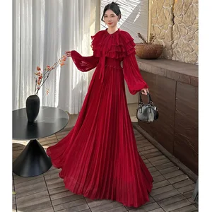 Factory Wholesale Spring Autumn Vintage Pleated Dress Women Empire Waist French]Lantern Sleeve Ruffled Long Sleeve Party Dress
