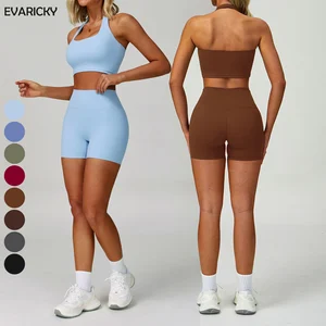 Running Halter Yoga Top Women 2 Piece Suit Sports Bra Elastic Waist Yoga Shorts Gym Fitness Breathable Workout Yoga Set Front