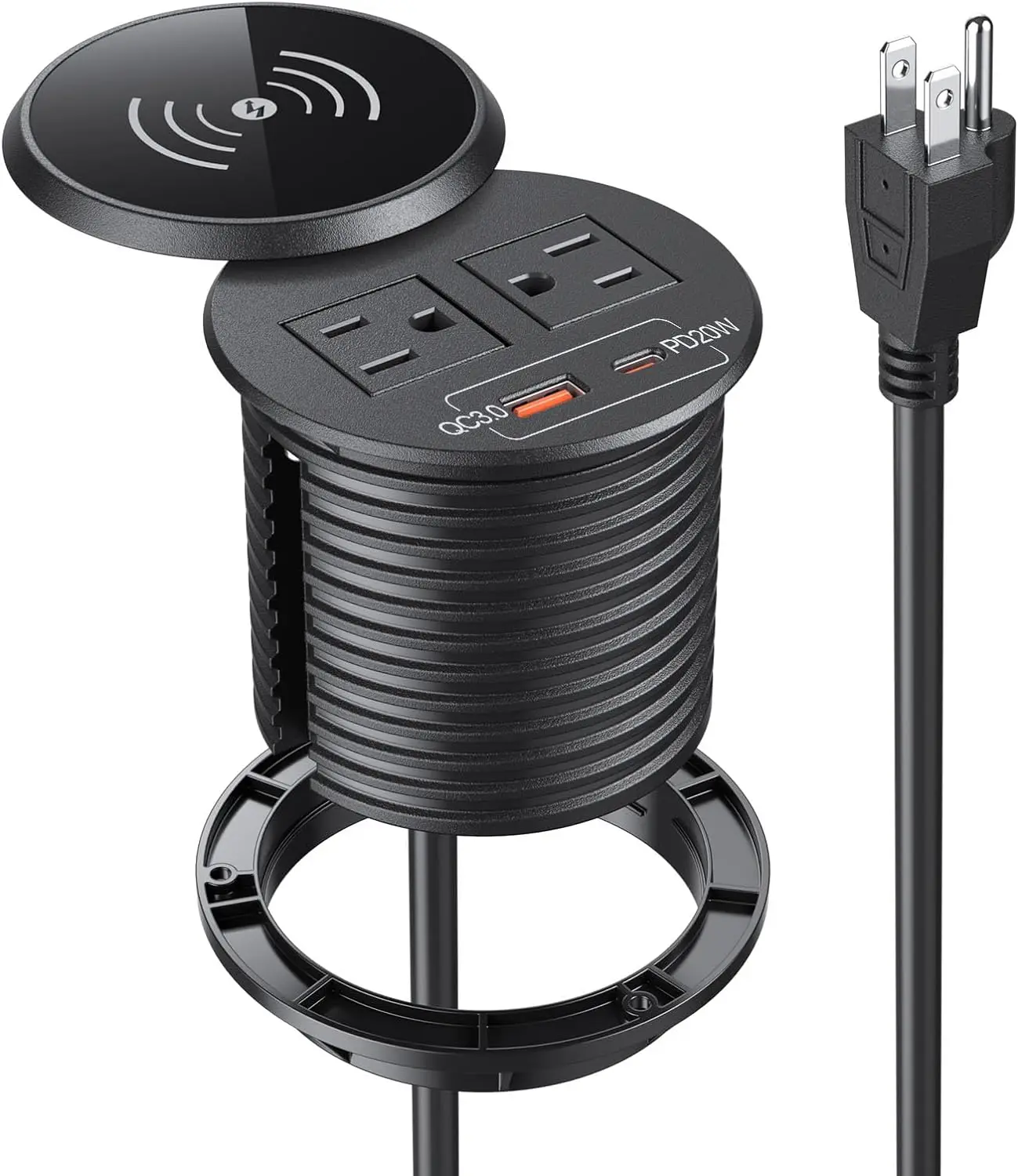 Bande D'alimentation Encastrable Avec USB C 20W Charge Rapide – 2 Prises + USB A – Longueur 6ft