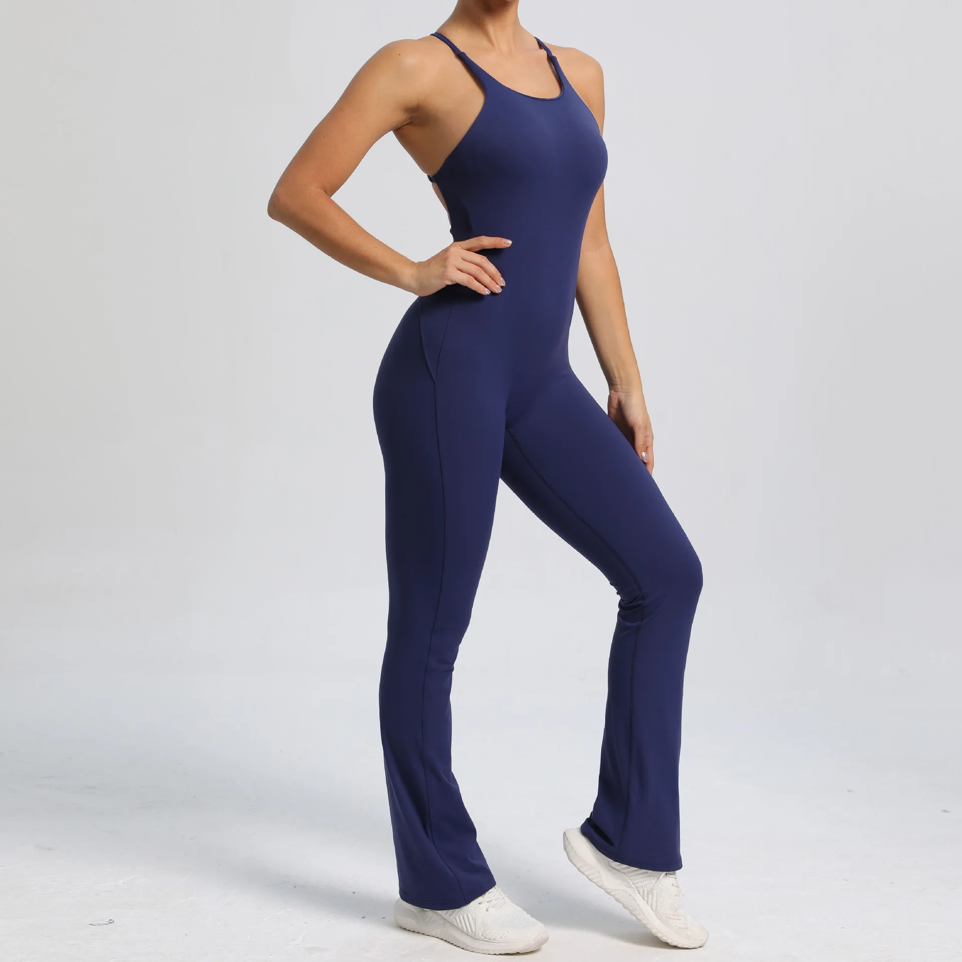 Women's Sleeveless V-Neck Jumpsuit - Tummy Control Workout Romper With Crisscross Back For Yoga & Gym