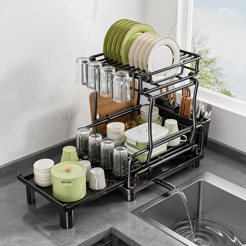 2024 Newest Removable Pull Down Small Purple Lifting 4 Tier Cover Aluminium Kitchen Cabinet Dish Rack Assemble Dish Rack