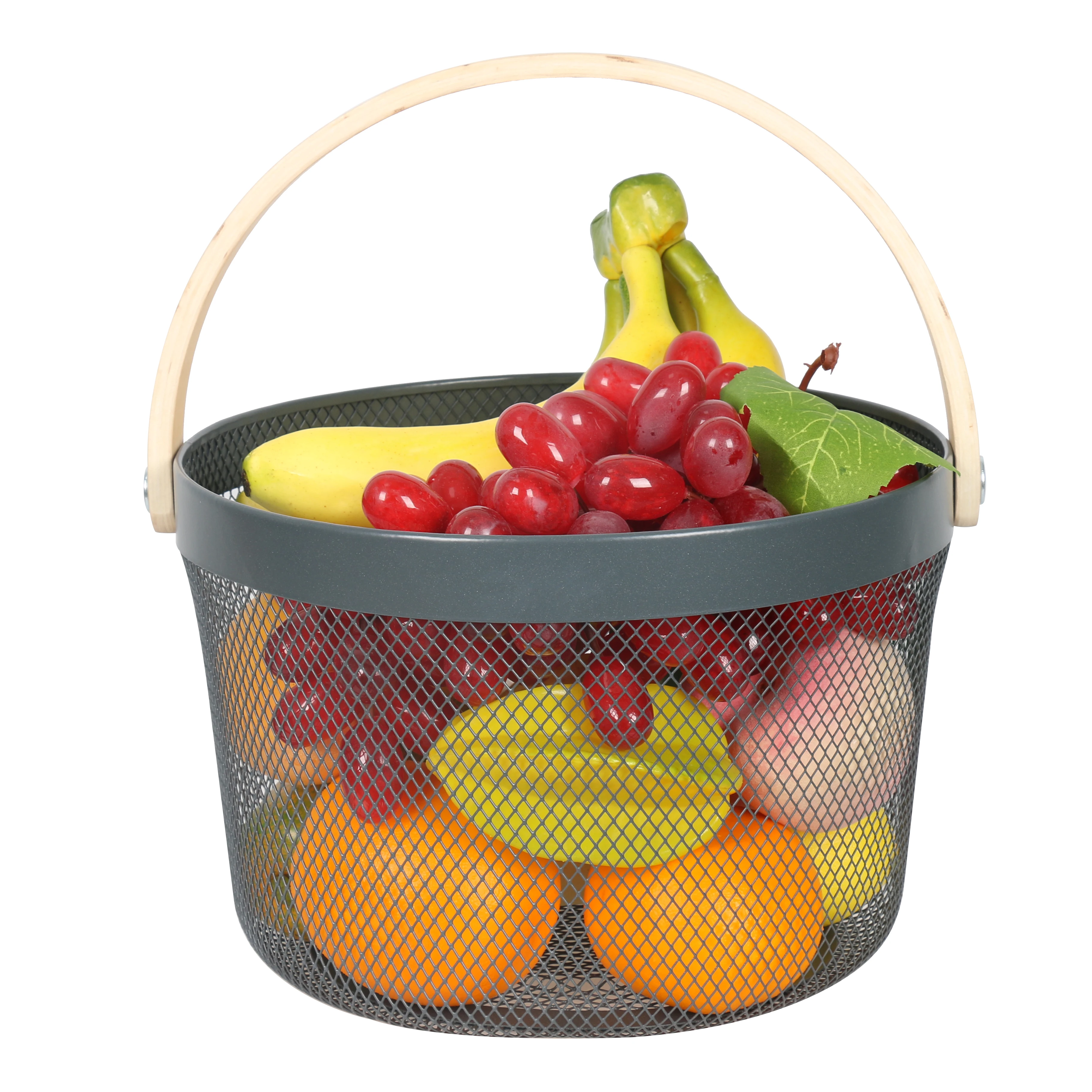 Sell Well Home Storage Baskets Kitchen Bath Toy Metal Organizer Wire Mesh Fruit Storage Basket With Wooden Handle