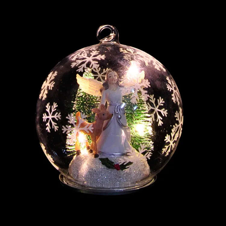 12cm Decorative Glass hanging balls LED lighted Resin Angel inside snow Christmas decoration