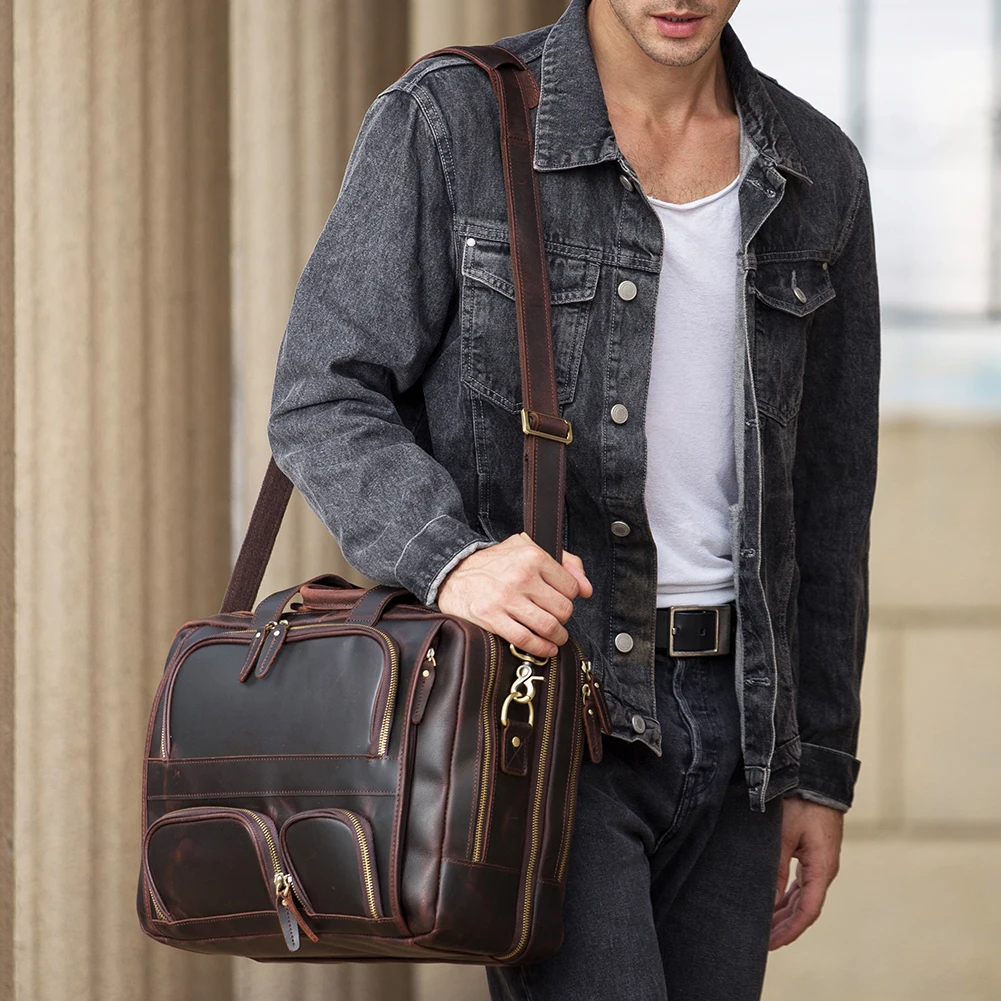 Factory Stock Crazy Horse Genuine Leather Large Capacity Messenger Laptop Bag Men’s Briefcase