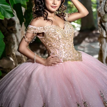 Mumuleo Pink Glittered off the Shoulder Quinceanera Dress