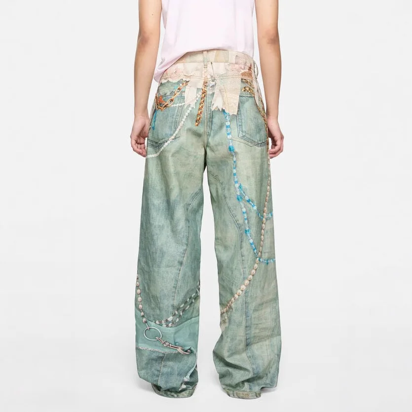3D Lace Pearl Optical Illusion Digital Print Unisex Wide-Leg Jeans Denim Men's Jeans Casual Men's Pants