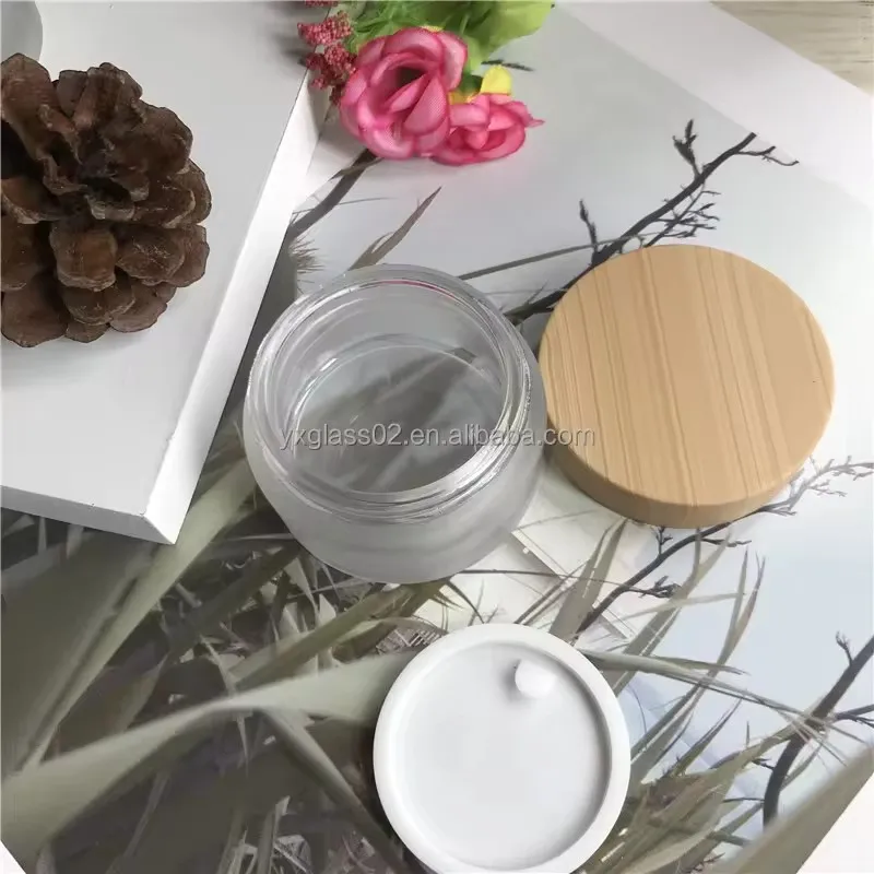 Custom container 20g30g50g30ml40ml60ml100ml120ml bamboo cap cosmetic frost green skincare packaging glass jar set supplier