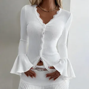 Custom Women's T-shirts New Lace Blouse Women's Dress Slim Fit Sexy Long-sleeved Solid Color Women's T-shirts