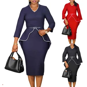 D611 Fashion Spring Dresses Women Casual Elegant Long Sleeve V-neck Ruffle Career Dresses Women Office Wear Dresses for Ladies