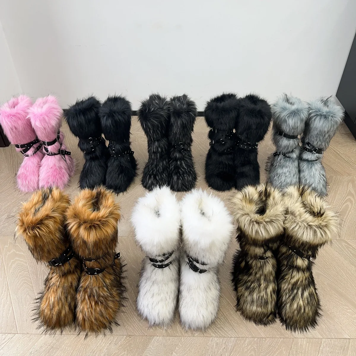 Y2K Fur Boots Slimming Lace-Up High Top Winter Boots with Studs 