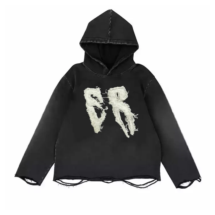 Distressed Vintage Washed Black Cropped Raw Hem Hoodie Streetwear Y2K 400 Gsm Embroidered Patch Letter Stone Wash Raw Hem Hoodie