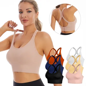 Lightweight Seamless Halter Gym Bra for Women X Straps Shock Absorber Cut Out High for Impact Polyester Spandex Exercise Top