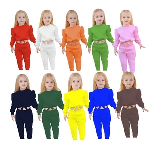 Spring Autumn New Solid Girls Fashion Casual  Sportswear Suit  Long Sleeve Round Neck Top Pants Two Piece Girl Clothing Sets