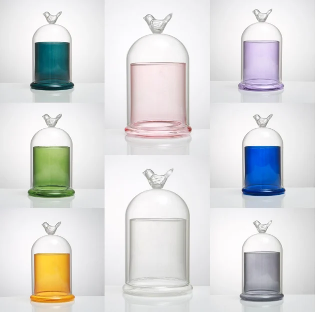 High Quality Handmade Clear Cloche Glass Dome Candle Jars Printed Colored Glass Base Candle Bell Dome Jar with Heart Bird Handle