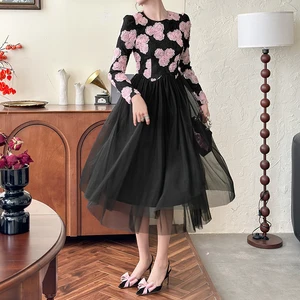 ZYHT 65472 Black & Pink Floral Lace Midi Dress with Long Sleeves Sheer Tulle Flared Dress Romantic Ruffle Dress