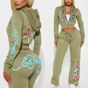 Custom Foil Print Heavyweight Zip up Crop Jacket and Sweatpants Tracksuits Y2K Fleece Slinny Women Crop Hoodies Set With Logo