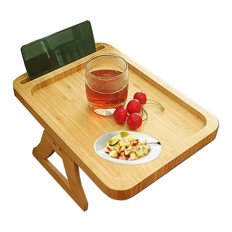 Wholesale Classic Bamboo Sofa Arm Tray Food Snack Serving Tray Table with Phone Holder for Living Room