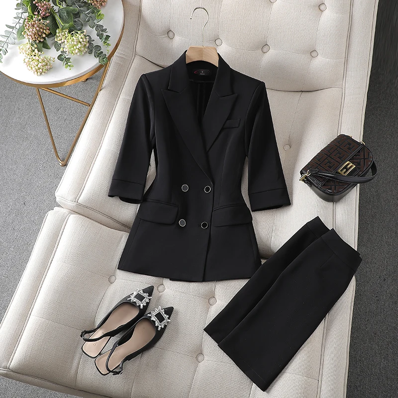 2024 Women's Black Summer Suit Jacket with Seven-Cent Sleeves
