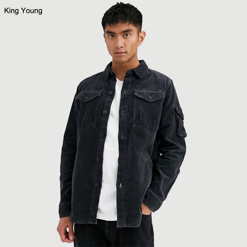 KY Acid Wash Spread Collar Button Placket Chest Pockets Cord Oversize Motor Jacket Men Clothing 5