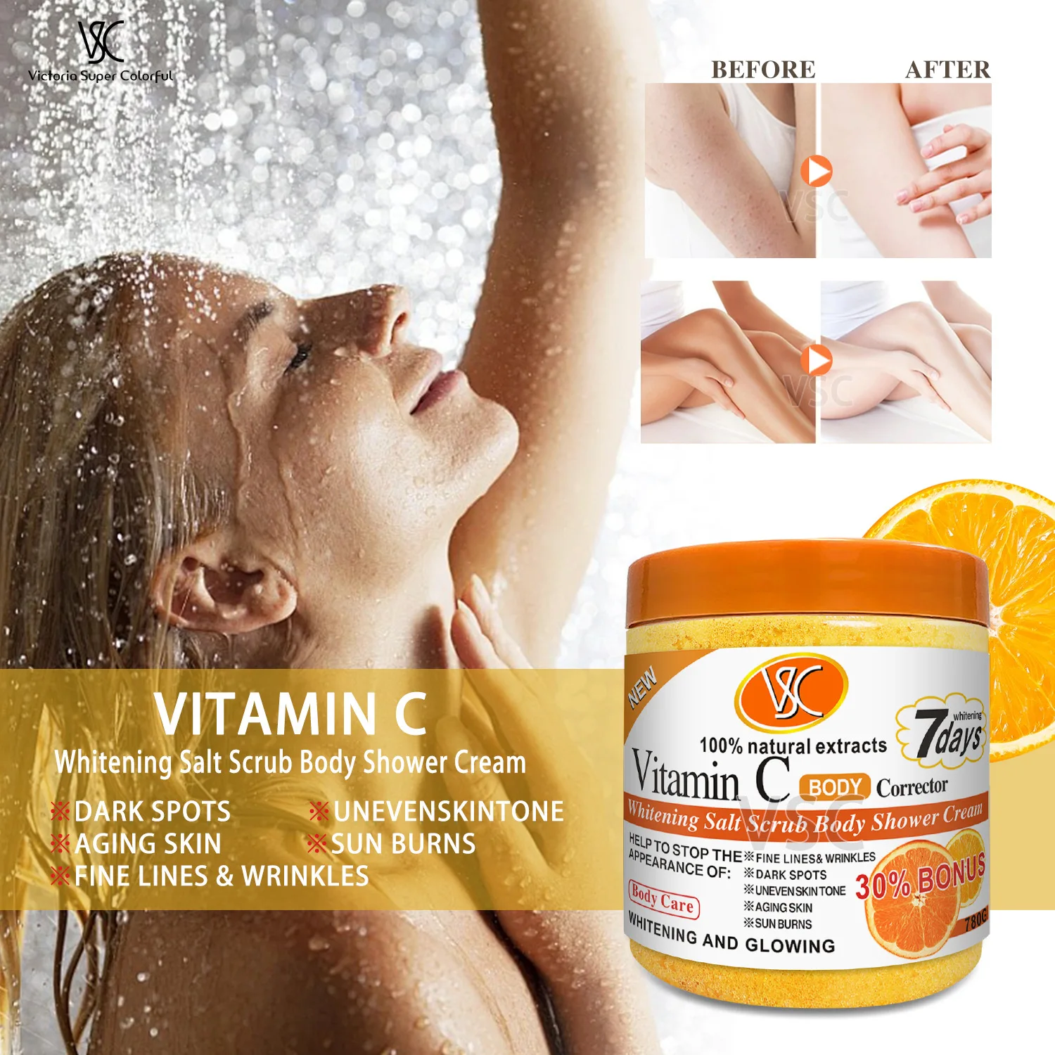 Gommage corporel au sel blanchissant au curcuma, crème de douche, vente en gros, éclaircissant, nettoyant pour le corps et le visage, exfoliant les taches brunes, soin de la peau