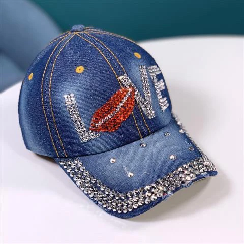 Bling Cap - Distressed Denim Baseball Hat with Rhinestones display picture 1