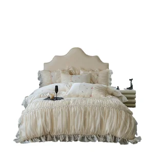 Cotton Luxury Duvet Cover Set Ruffle Lace Edge Natural Cream Non-Dyestuff All-Season Bedding for Bedroom for Wedding Hotel