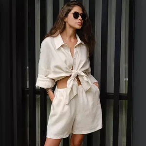2024 Summer 2 Piece Loose Cotton Linen Shorts Sets Women Oversized Long Sleeve Shirts and Shorts Sets for Women Two Piece Set