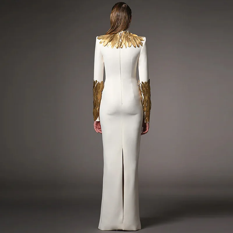 Elegant White High Neck Maxi Dress with Gold Feathers Elegant White High Neck Maxi Dress with Gold Feathers