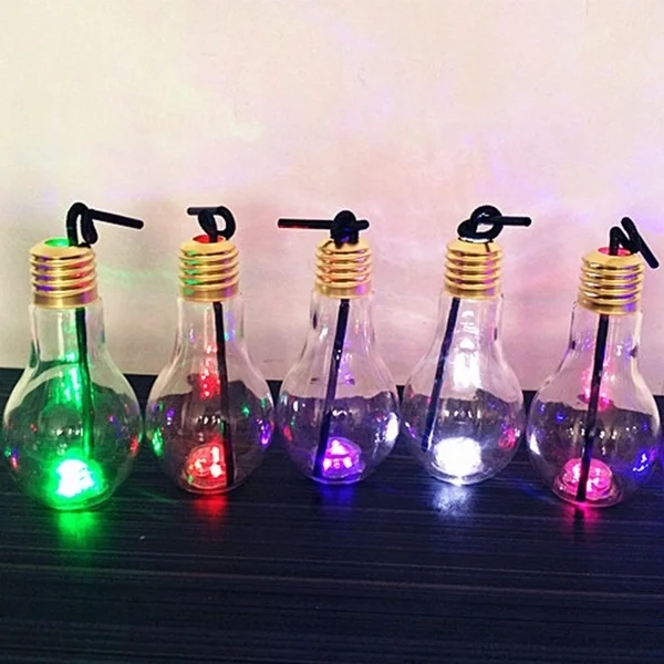 Promotion LED Light-Up Bulb-Shaped Drinking Glass Bottle Cup with Straw Plastic Party Supplies for Events Decoration