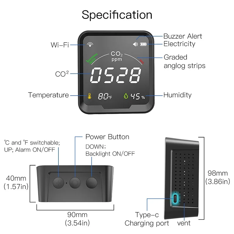 Tuya Wi-Fi 3 в 1 NDIR CO2 детектор монитор качества воздуха помещении ручной углекислого