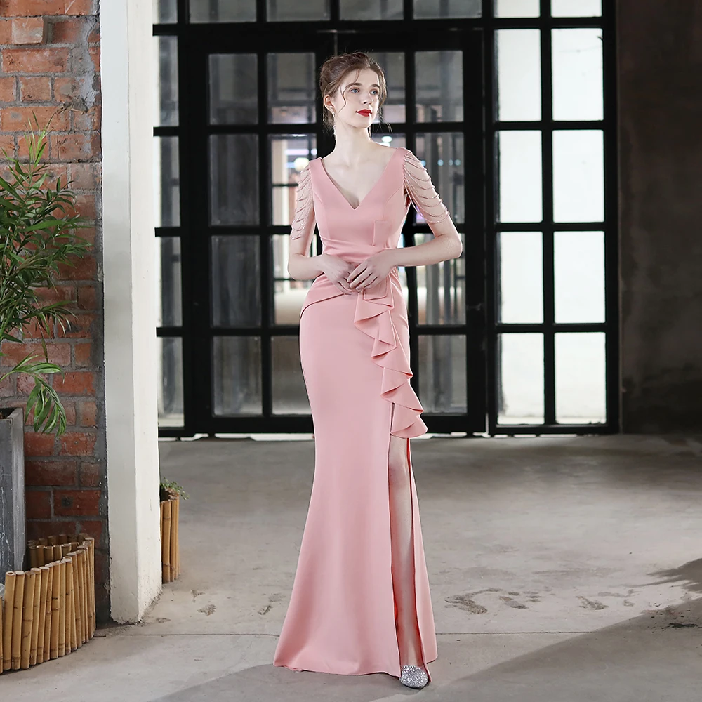 open lace back dress Strapless Pink Layered Ruffle Dress with High Slit – FancyVestido main image 0
