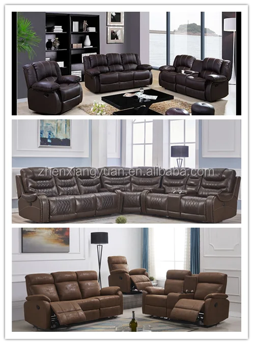 Home furniture Reclining Sofas with Drop Down Console Faux Leather Brown
