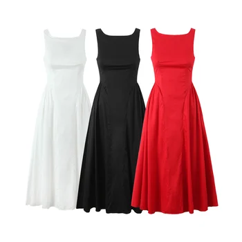 Women's Summer Casual Midi Dress 100% Cotton Crew Neck Sleeveless Solid Colors Natural Waistline Maxi Free XS XL Vintage Party