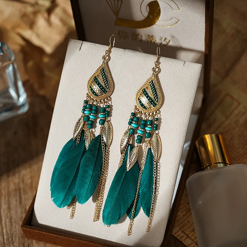 Ethnic Boho Style Colorful Drop Long Real Feather Pendant Bohemian Earrings Jewelry for Women