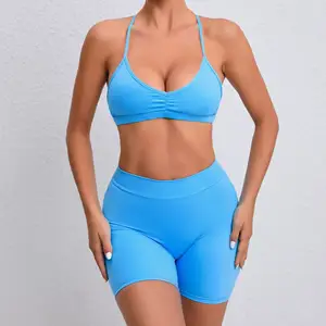 V-Back Scrunch Butt High Waist Biker Shorts Gym Yoga Sets Women's Breathable 2-Piece Workout Set Short Leggings Strappy Print