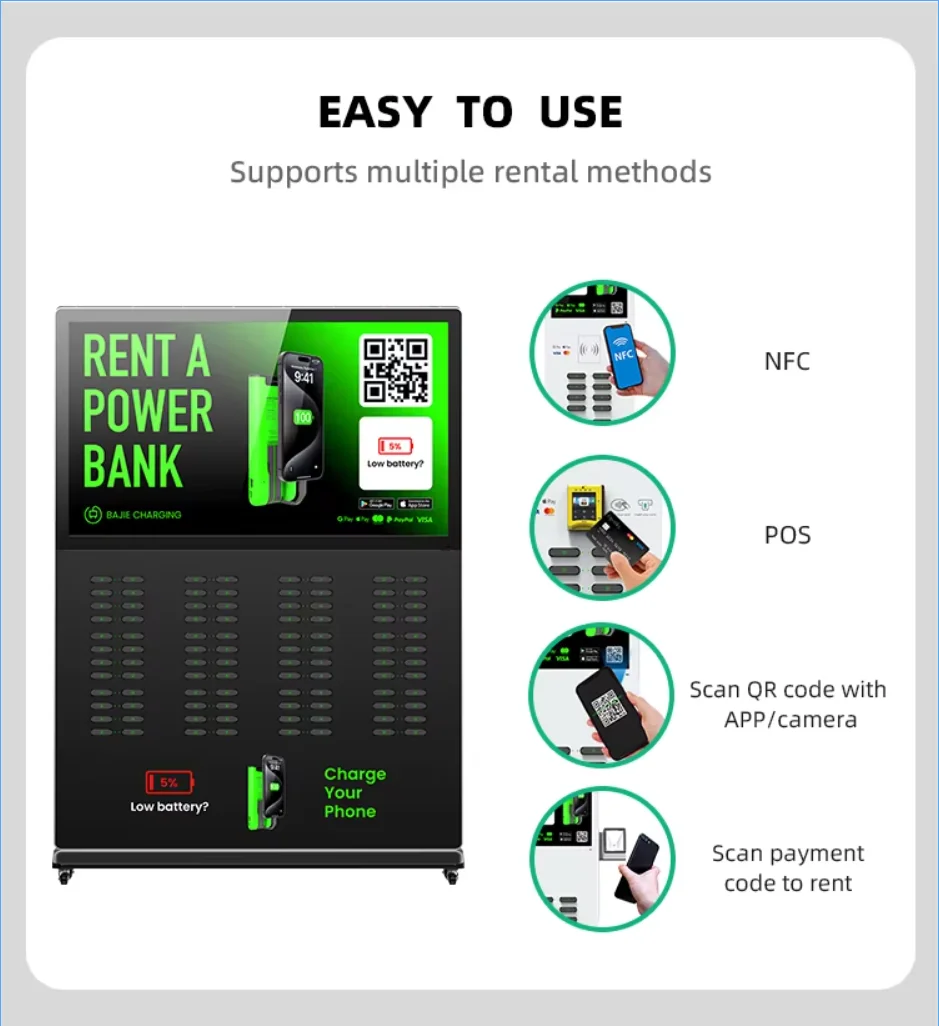 New Phone Fast Charging Shared Portable Charger 96 Slots Sharing Power Bank Rental Station with 55 Inch Screen Vending Machine
